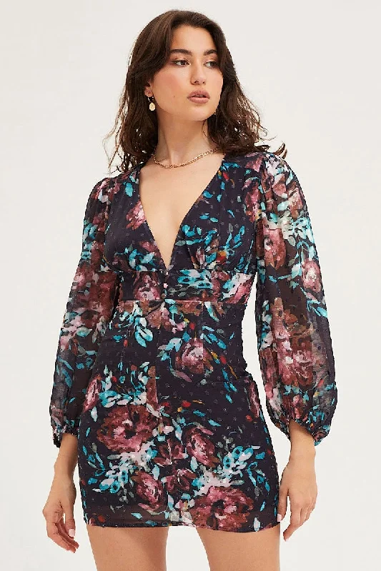 Print Mini Dress Long Sleeve Evening