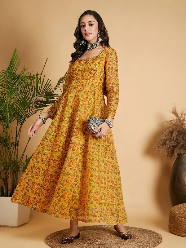 Women's Mustard Floral Anarkali Maxi Dress - Lyush