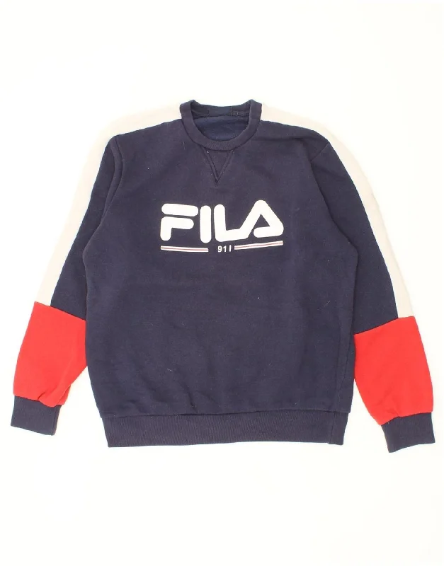 FILA Mens Graphic Sweatshirt Jumper Large Navy Blue Colourblock Cotton