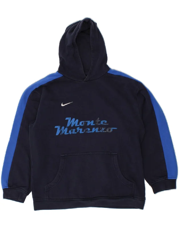 NIKE Boys Graphic Hoodie Jumper 13-14 Years XL Navy Blue Colourblock