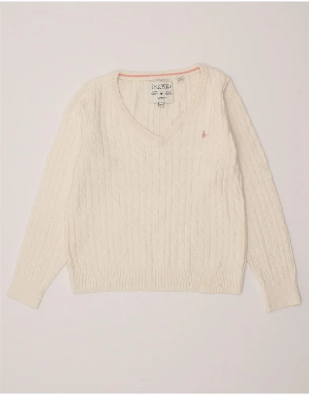 JACK WILLS Womens V-Neck Jumper Sweater UK 12 Medium Off White Cotton